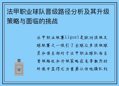 法甲职业球队晋级路径分析及其升级策略与面临的挑战