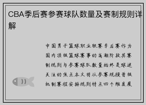 CBA季后赛参赛球队数量及赛制规则详解