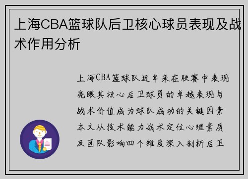 上海CBA篮球队后卫核心球员表现及战术作用分析