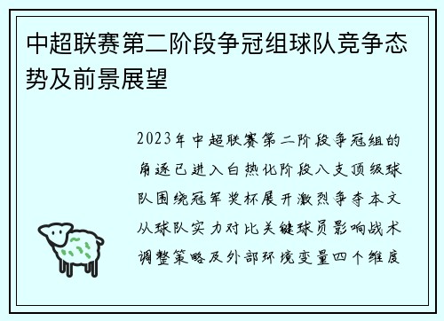 中超联赛第二阶段争冠组球队竞争态势及前景展望